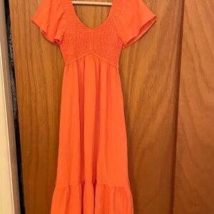 Elegant Orange Maxi Dress with Smocked Bodice
